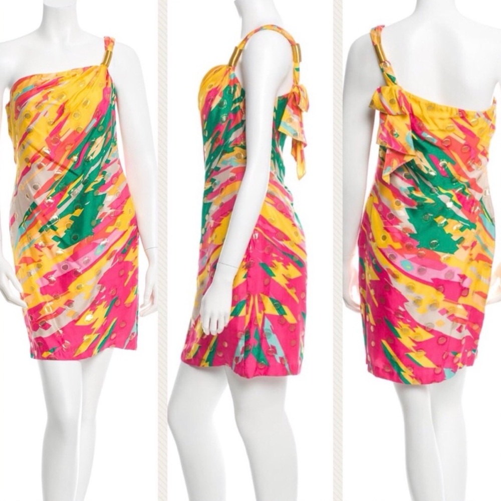Yoana Baraschi One-Shoulder Silk Colorblock Dress‎ in Yellow and Pink
